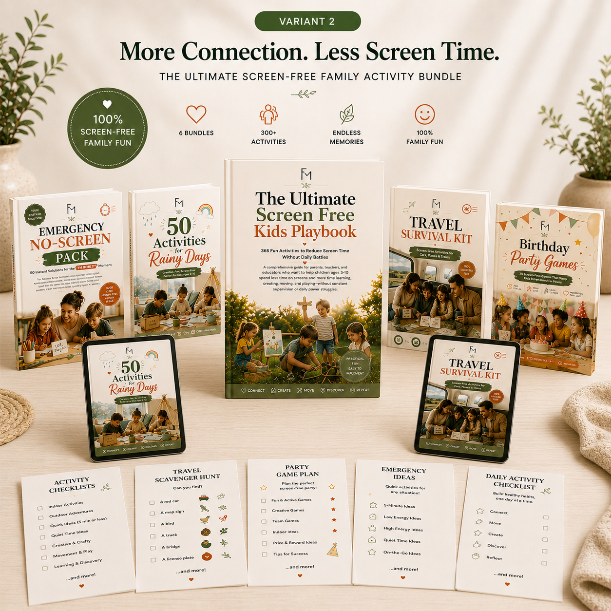 Complete screen-free family activity bundle with main playbook, bonuses, tablets, and printable pages