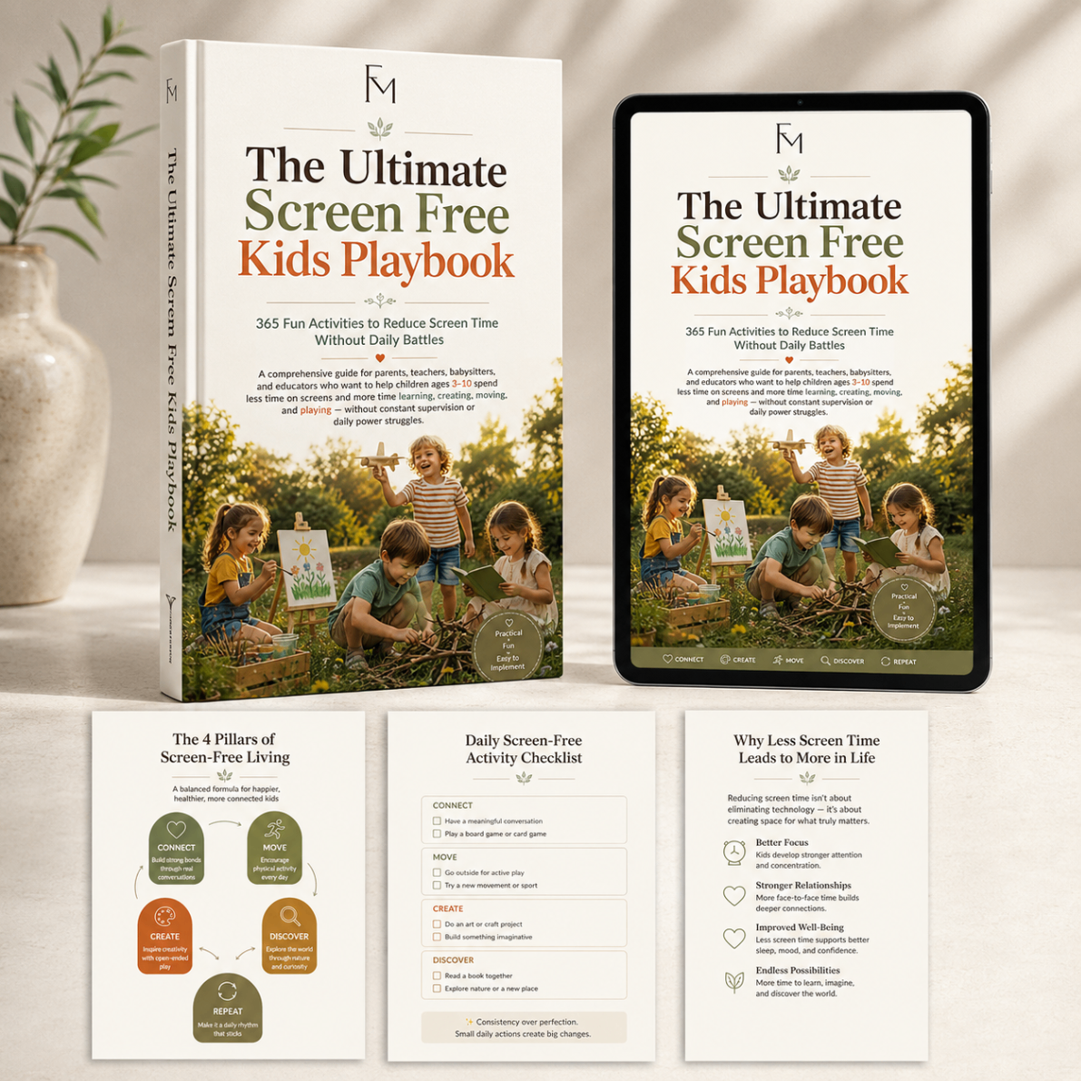 The Ultimate Screen-Free Kids Playbook mockup with printable worksheets