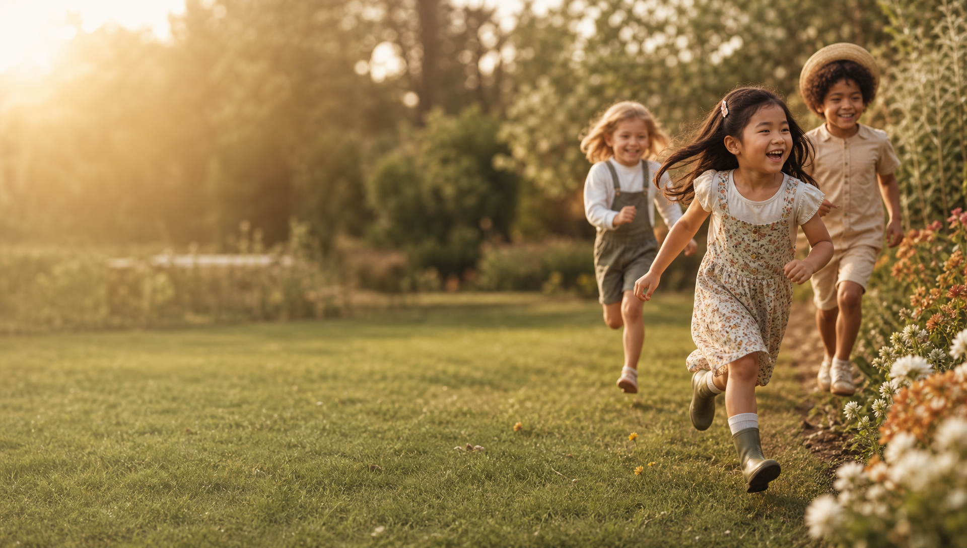 Happy children running and playing together outdoors in a sunny garden